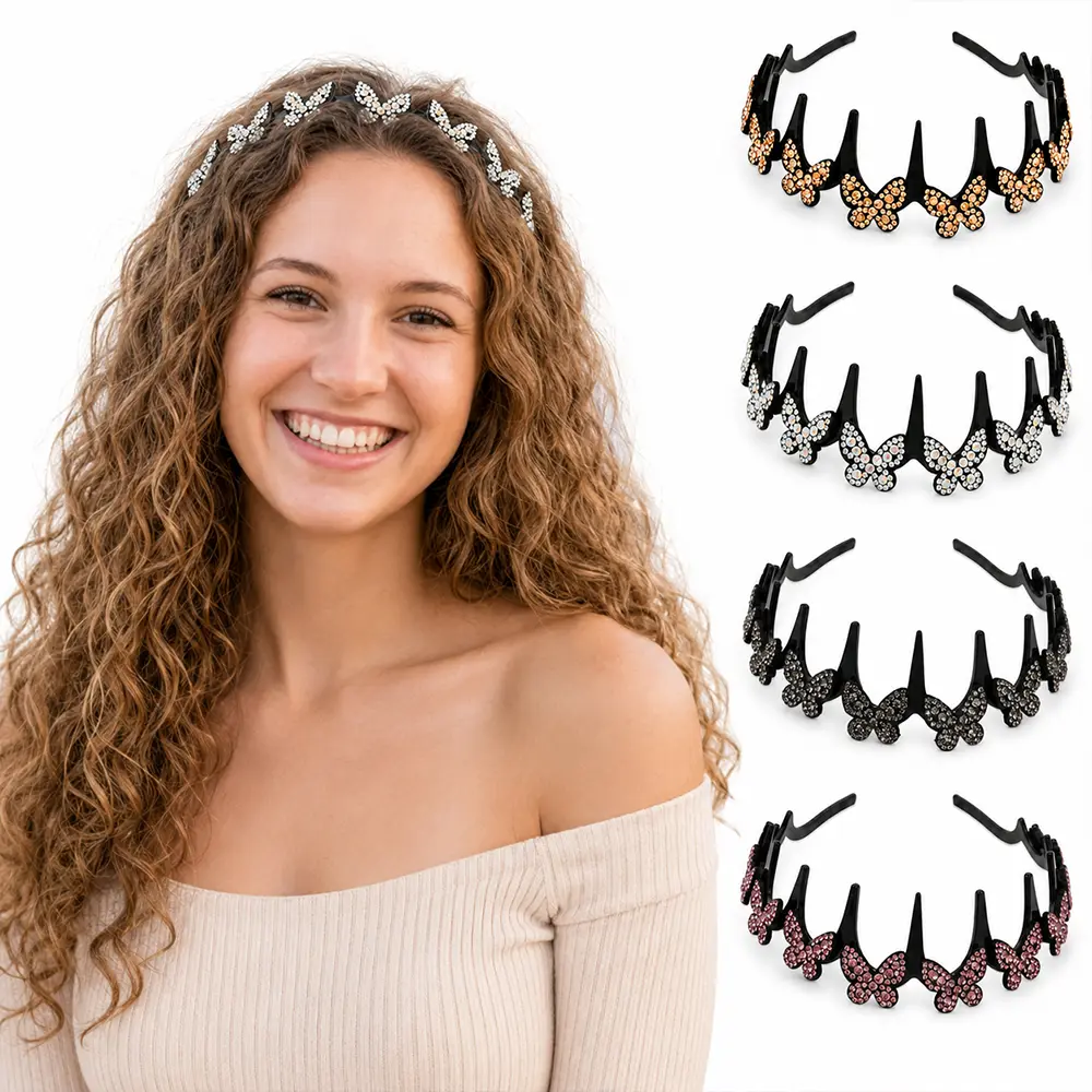 4Pcs Sparkly Butterfly Headbands for Women, Rhinestone Non-Slip Teeth Hair Bands, Black Hair Hoops for Wedding Party, Elegant Crystal Hair Accessories for Women Girls