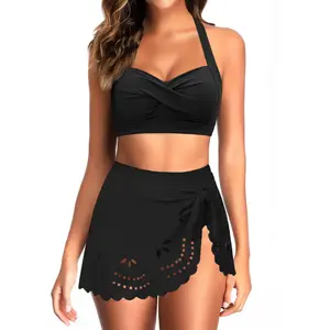 CiCiBird Women's Tummy Control High Waisted Bikini Set Retro Halter Twist Two Piece Swimsuits Eyelet Lace Swim Skirt Slimming A-Line Bathing Suit