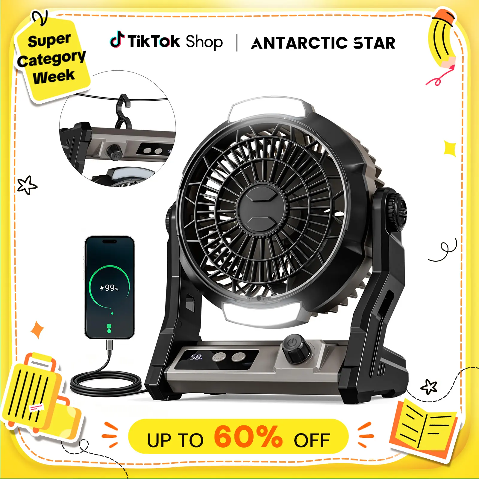 【BackToSchool】Antarctic Star Compact Battery Powered Portable Fan 3-in-1 - 100 Wind Levels, 10000mAh, 7-25H Runtime, 2-Level Night Light, 4 Timers, Automatic Power Off - Desktop/Wall-Mounted/Hanging, Emergency Charger - Indoor Dorm & Camping Accessories,