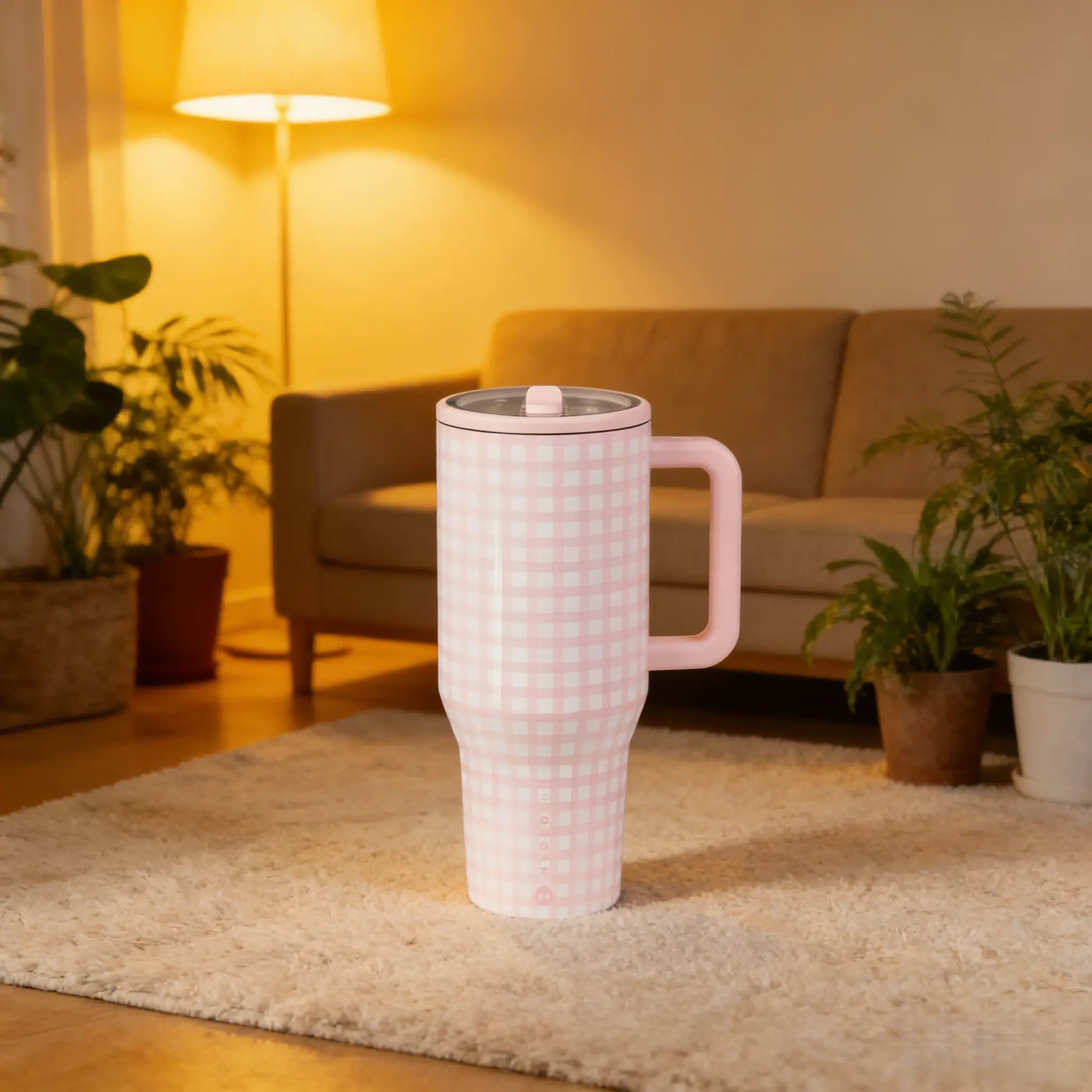 40oz Pink Gingham HydroJug Traveler Tumbler - Sturdy Insulated Stainless Steel Flask, Anti-Scalding Drinkware with Handle, Lid, Casual Cute Aesthetic Iced Coffee Cup