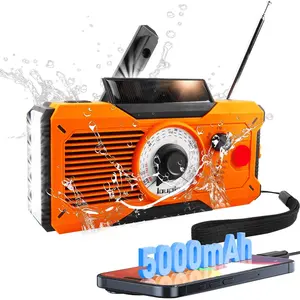 Emergency Radio AM/FM/WB Weather Radio with 5000mAh Portable Power Bank USB Solar Hand Crank Charging Waterproof Flashlight LED Reading Light SOS Alarm for Camping Hiking Hurricane Compass - Lanyard Audio Automatic