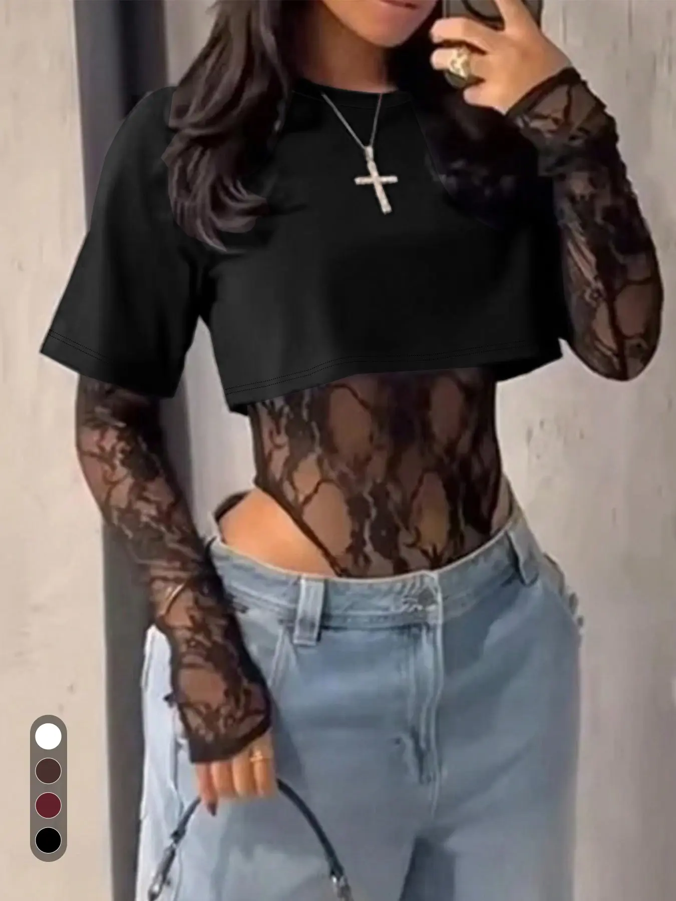 Women's Floral Lace Bodysuits Crew Neck Cropped T Shirt Sexy Patchwork Tops Long Sleeve Night Out Body Suit 2026 Fit Sheer Lace Lingerie Bodysuit