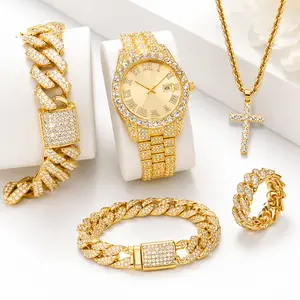 "Men’s 5-Piece Iced Out Rhinestone Jewelry Set – Gold Plated Bling Watch, Crystal Cross Pendant Necklace, Cuban Link Bracelets, Chunky Ring – Hip Hop Fashion Jewelry, Streetwear Accessories, Luxury Bling Gift Set for Him"
