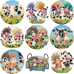 8-Piece Diamond Art Coaster Set with Stand, DIY Cow Diamond Painting Coasters, Full Drill Hole Water Beads, Beginner Adult Craft Supplies, Handicraft, Diamond Painting Kits