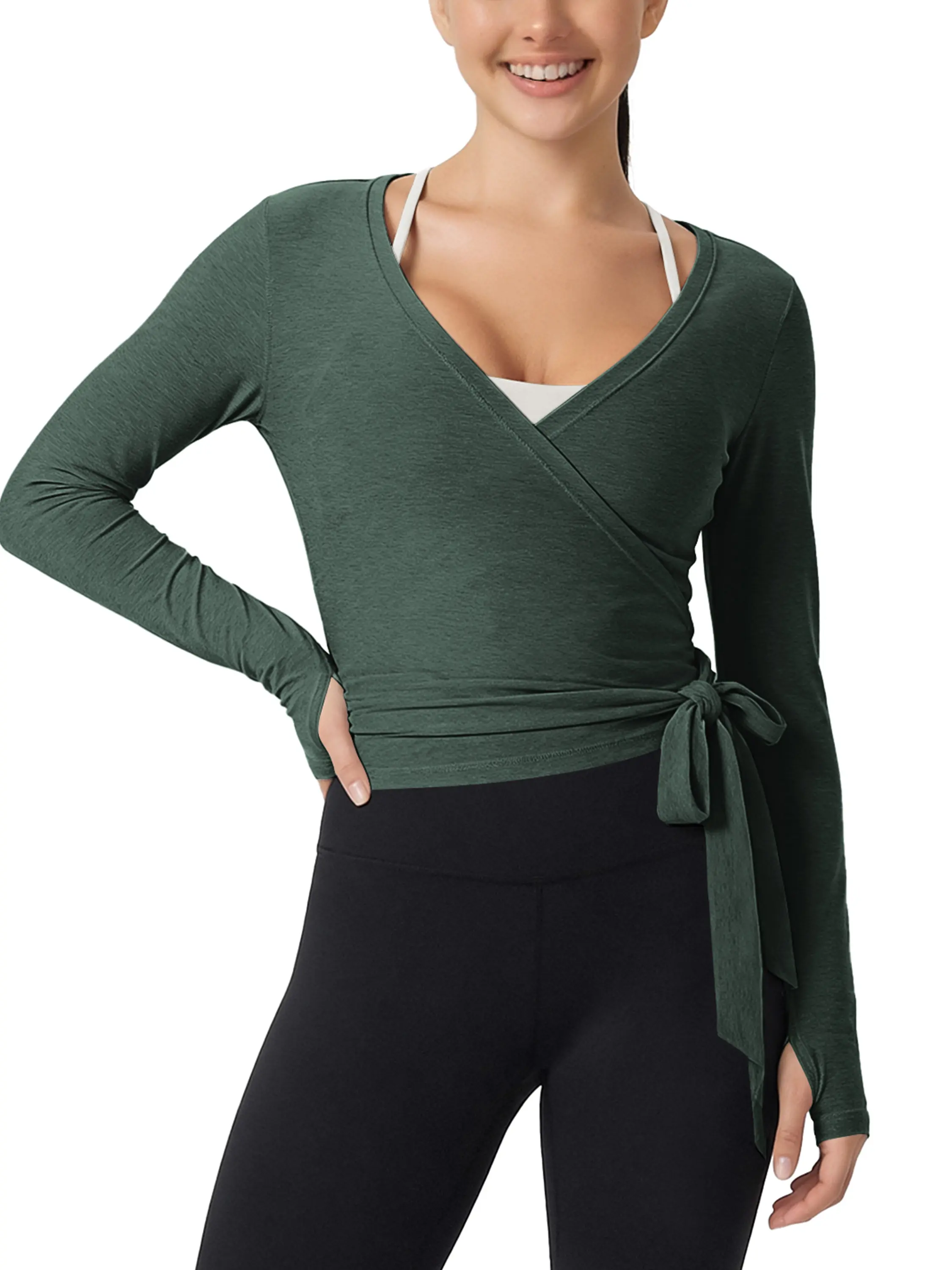 ODODOS Women's Waist Tie Wrap Top - Ultra Soft odSTRATUM Tech UPF 50+ Long Sleeve Cropped Ballet Yoga Shirt with Thumbholes, Women's Clothes, Clothes For Women