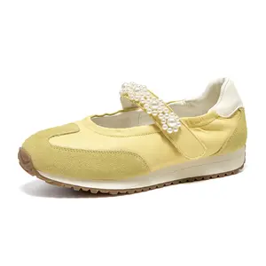 Trendy Yellow Pearl Mary Jane Shoes | Comfy Retro Ballet Flats Yellow Pearl Mary Jane Sneakers | Retro & Comfy