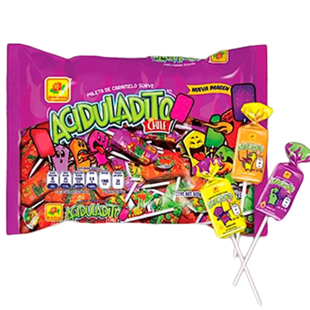 De la Rosa Aciduladito Chewing Lollipop Snack - Sweet & Sour, Chili Pepper-Coated, Bite Size, Assorted Flavor Lollipops, 50-Piece Bag