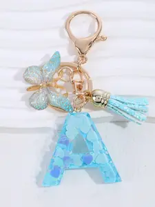 Blue Letter Keychain with Tassel Butterfly Charm, Metal Resin Heart Sequins Pendant, Fashion Accessory Gift for Women, Fashionable Alloy Keychain, Cute Charms Keychain, Keychain for Bags, Trendy Cute Keychain