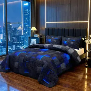 Cyber Style Quilt Bedspread Set– Futuristic Blue-Black Grid Design, All-Season Breathable Bedding, HD Digital Print, Low Allergenic, Perfect for Modern Bedroom & Dorm Decor