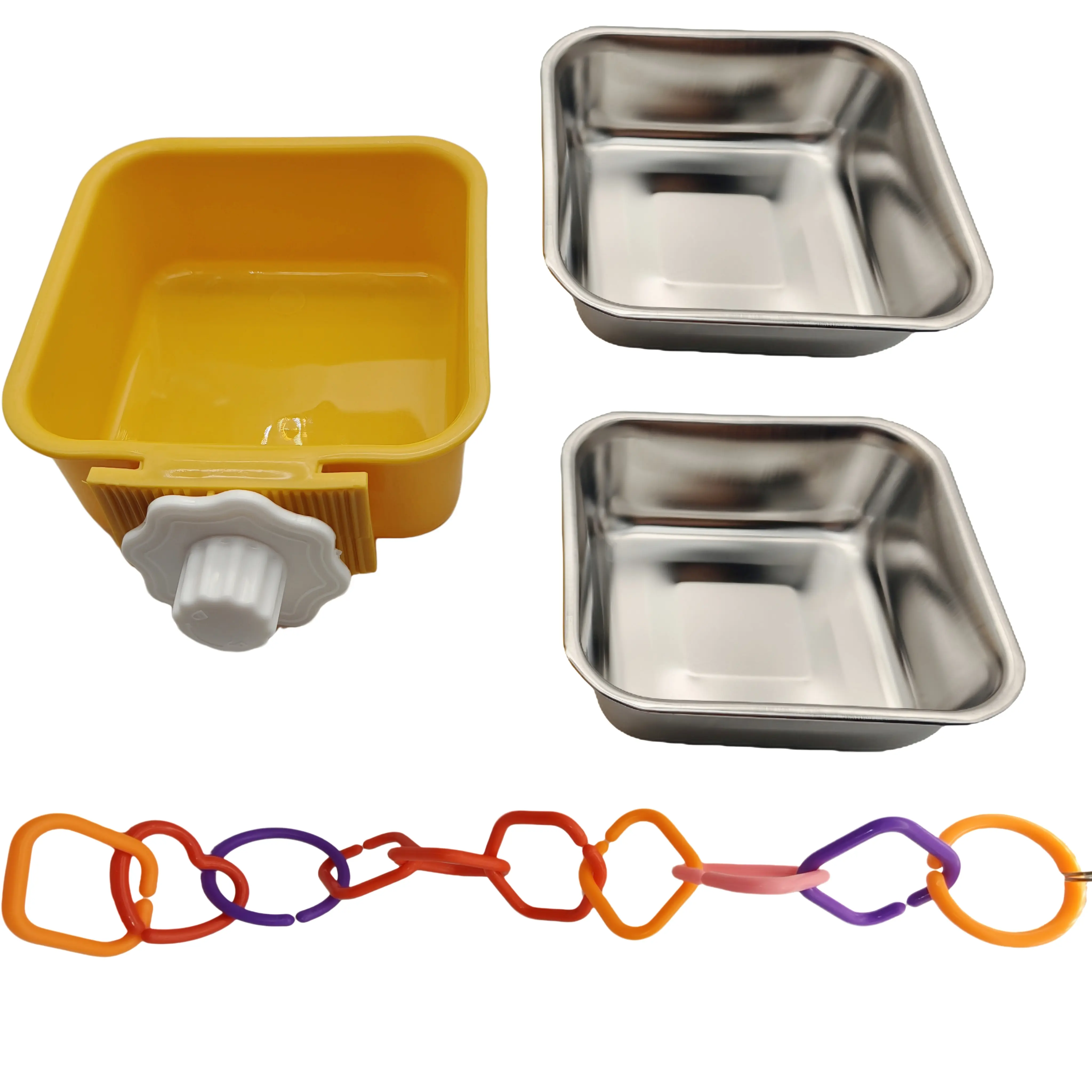 Upgraded Stainless Steel Pet Feeder Bowl & Bath Set for Birds - 2 Removable Inserts, 10 Plastic Rings, Slow Feeding, Tool-Free Crossbar Mount, Mess Reduction, 5”x5”, Dishwasher Safe, Bird Supplies, Removable Parts