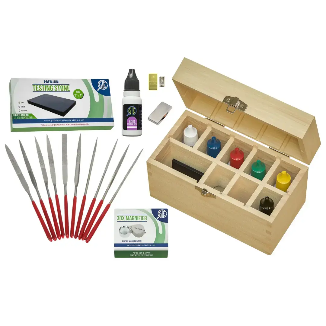 Portable Gold, Silver & Platinum Testing Kit | 13-Piece Essentials Appraisal Bundle with Acid Solutions, Storage Box, Files, Loupe, Test Bars, Magnet, Neutralizer, Hardware