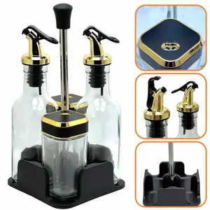 tamACX Oil & Vinegar Dispenser Set with Caddy, Glass Bottle Seasoning Pepper Salt Dispenser, Gold/Silver Spouts, Oil Funnel, Brush Kit, Kitchen Utensils, Adjustable Pour Design, BPA-Free, Durable ABS Plastic