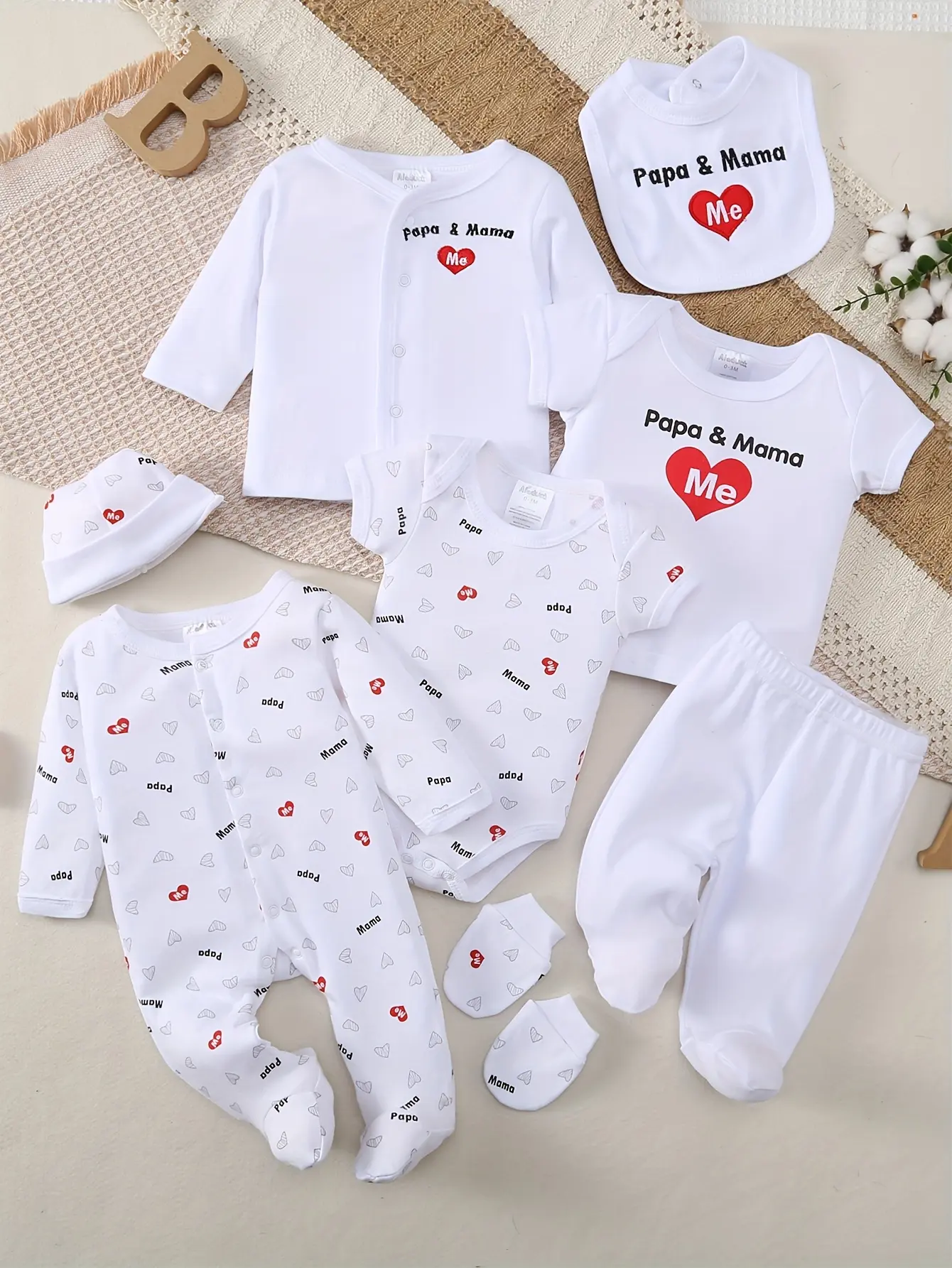 Unisex Newborn 8PCS Gift Set 100% Cotton Summer Clothes 0-9 Months Bodysuit, Long Pants, Hat, Mittens, Bib, Long Romper, Perfect for Baby Shower & Full Moon Gifts