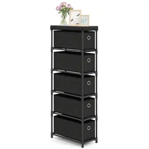COSTWAY - Narrow Dresser with 5 Drawers Slim Storage Tower with Metal Frame-Black