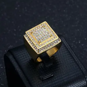 Hip Hop Style Titanium Steel Vacuum Gold-Plated Luxury Full-Diamond Men's Ring, Multi-Size Diamonds Ring for Nightclub Wear Marquise Cut Ring Engagement Wedding Ring