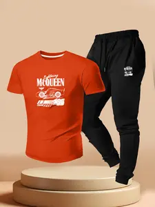 Men's Lightning Mcqueen Car Theme Print Short Sleeve Tee + Jogger Pants Set, Summer Casual Sportswear, Slim Fit, Regular Length