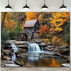 1pc Extra Large Polyester Tapestry - Autumn Forest Stream Design, Rustic Waterfall & Wooden Mill Wall Art, Easy-to-Use, Vibrant Fall Colors, Birthday Backdrop for Living Room & Bedroom Home Decor,summerwins