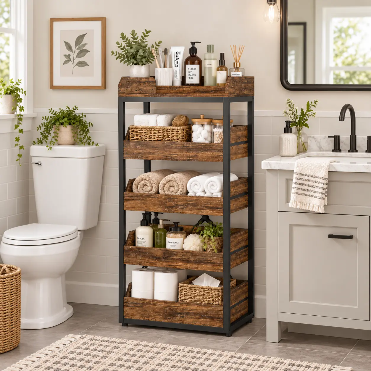 Tribesigns Wood & Metal Storage Rack, 5-Tier/4-Tier Utility Shelving Organizer, Multi-Purpose Snack Fruit Stand, 3 Versions Available: Pull-Out Drawer / Fixed Drawer / Fixed Drawer with Wheels, for Kitchen, Bathroom, Living Room, Bedroom & Study Room