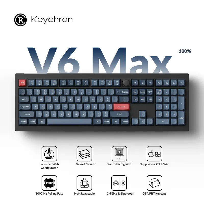 Keychron V6 Max Gasket Mount Mechanical Rainbow Keyboard - QMK/VIA Wireless, Bluetooth 5.1, Full Size, Ergonomic, Programmable Buttons, OSA PBT Keycaps, Windows/MacOS Compatible, Customizable for Personalized Experience, Computer Accessory Gift