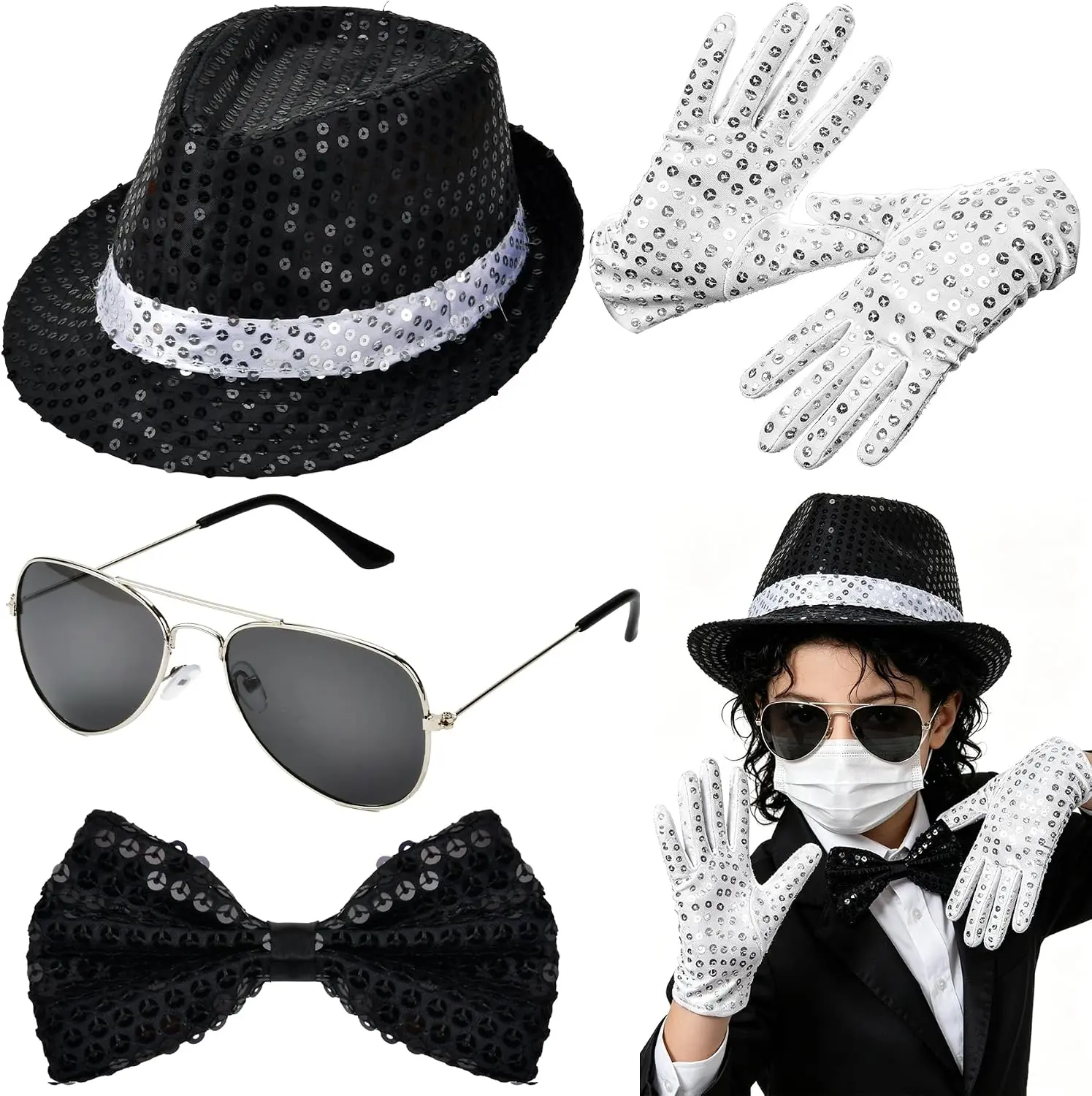 5Pcs Kids Pop Star Costume for Boys Halloween Black,Outfits with Hat Sunglasses Bow Tie and Gloves for Men