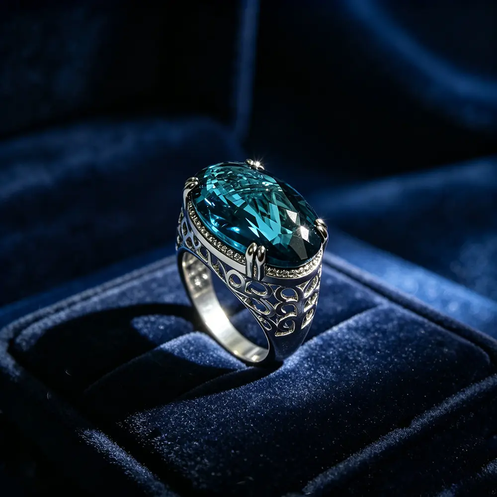 Vintage Oval Ring with London Blue Synthetic Gemstone, Glamorous Filigree Cocktail Jewelry with a Hollow Wide Band for Anniversaries, Geometric, Anniversary, Jewelry Rings, Meaningful Gifts, Unisex