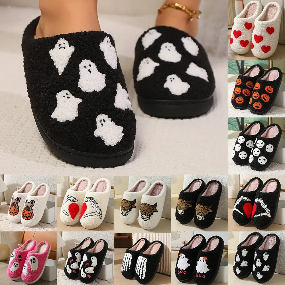 Halloween Slippers Spooky Slippers for Women Men, Cute Fuzzy Soft Winter House Shoes Slippers