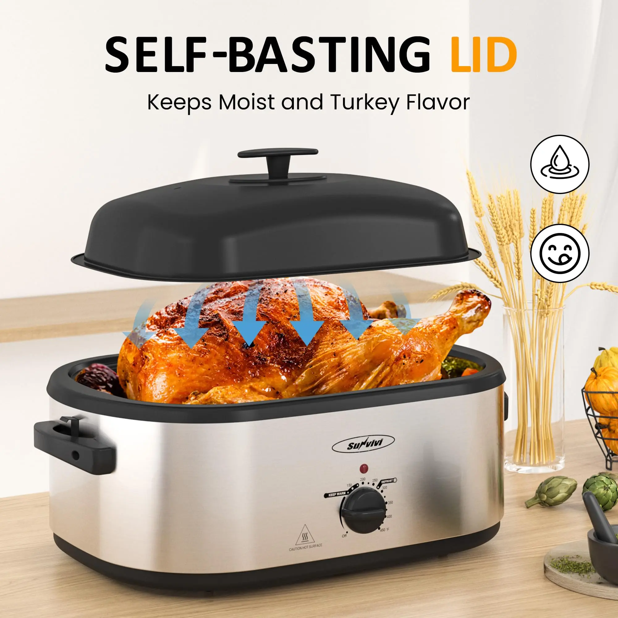 Sunvivi Electric Roaster Oven - 20 Qt Large Cap, Removable 3-Bin Buffet Server, Lid, 150-450°F Full-Range Temperature Control, Kitchen Appliances for Family Meals & Convenient Home Use