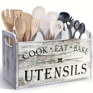 Farmhouse Style Wooden Kitchen Utensil Organizer 3-Tier Wall Mounted & Countertop Storage for Cooking Tools Spatulas Baking Supplies Wood Space-Saving Design Rustic Charm Cook Eat Bake Utensils Racks White