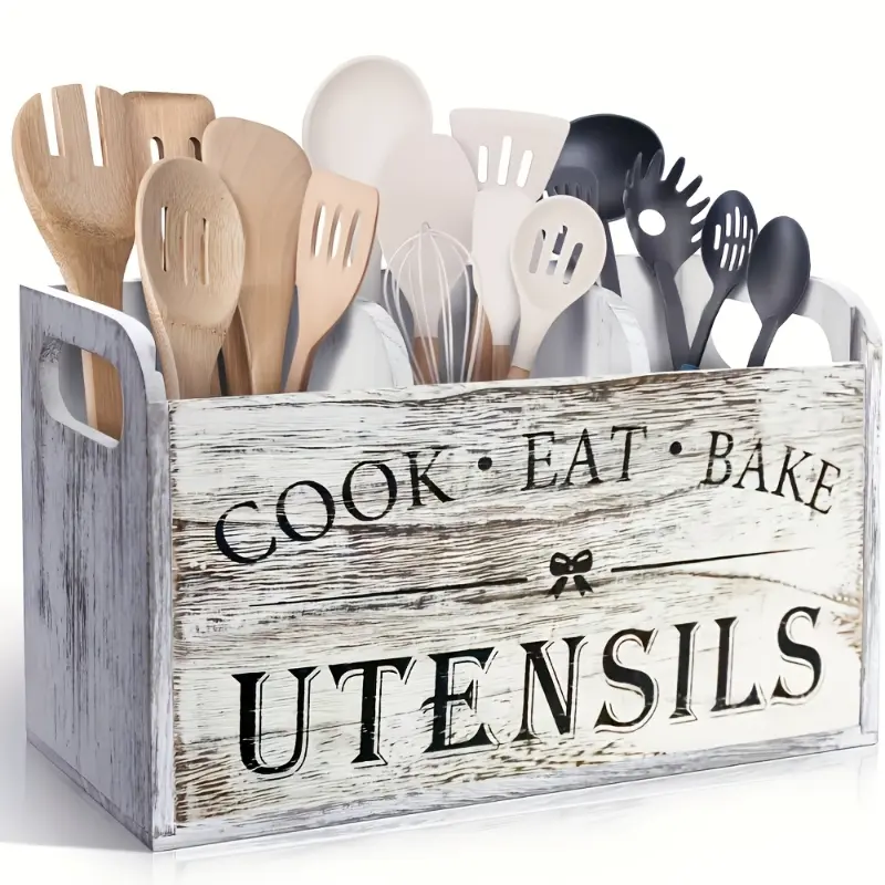 White 3-Tier Durable Wood Farmhouse Kitchen Utensil Organizer - Wall Mounted & Countertop Storage for Cooking Tools, Spatulas, Baking Supplies - Rustic, Space-Saving Kitchenware Rack