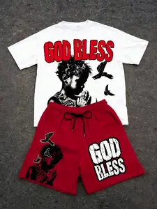 Y2K Style Unisex Matching 2-Piece Set, God Bless Graphic Print Fitted Short Sleeve T-Shirt & Trendy Shorts, Casual Streetwear, Faith Culture, Men's Gift, Couple