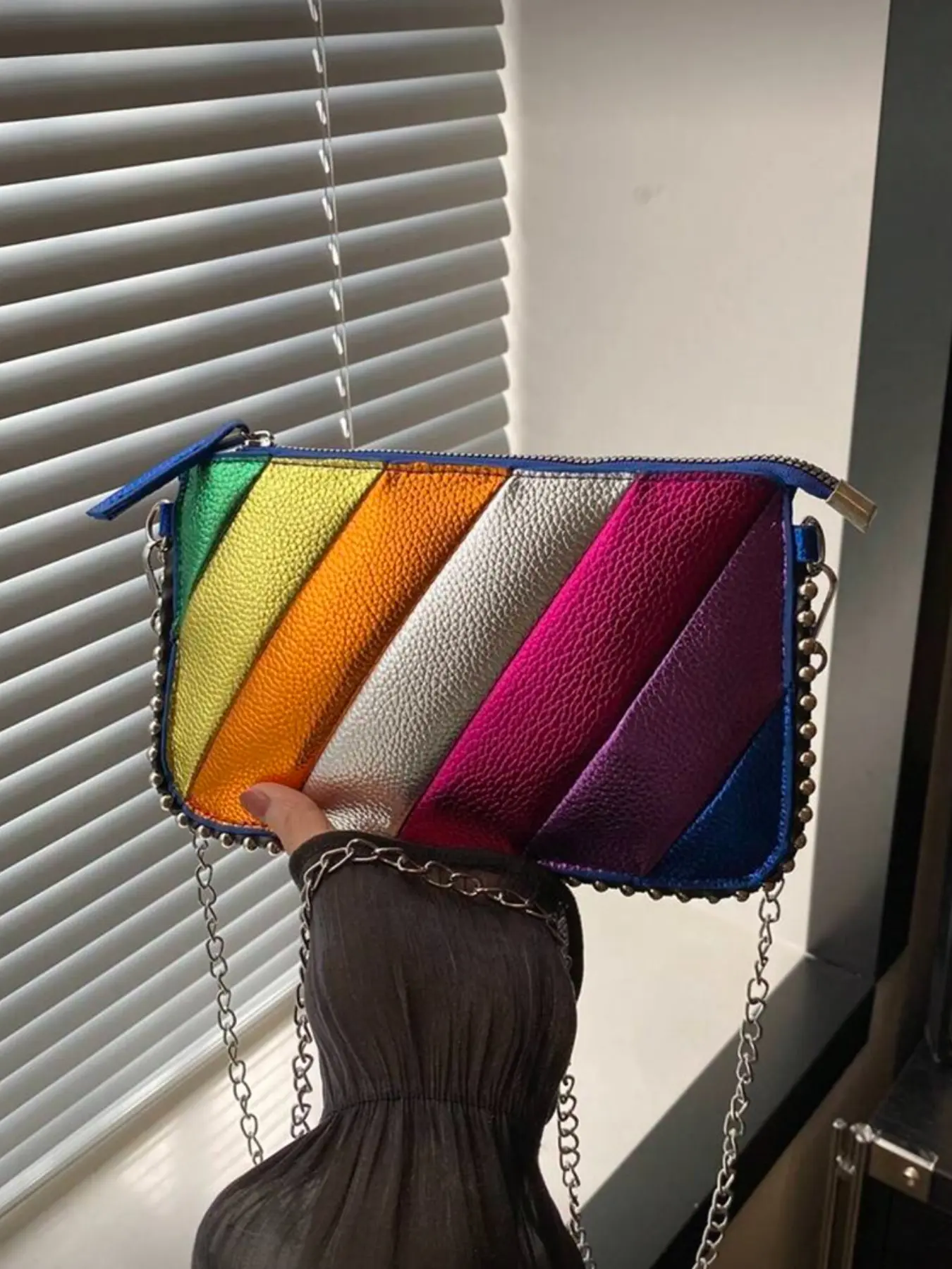 New Retro Fashion Zipper Envelope Bag, Compact Lightweight Minimalist Metal Chain Crossbody Shoulder Bag, Casual All Seasons Use