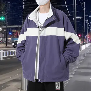 Men's Purple & White Color-Block Lightweight Jacket - Street Style Zip-Up Hooded Windbreaker with Front Pockets & Unique Design Elements - Medium Size