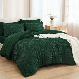 King Size Comforter Set 7 Pieces Dark Emerald Green - Bed in a Bag King Boho Lightweight Fluffy Tufted Bedding Comforter Sets with Quilt Comforter, Sheets, Pillowcases & Shams
