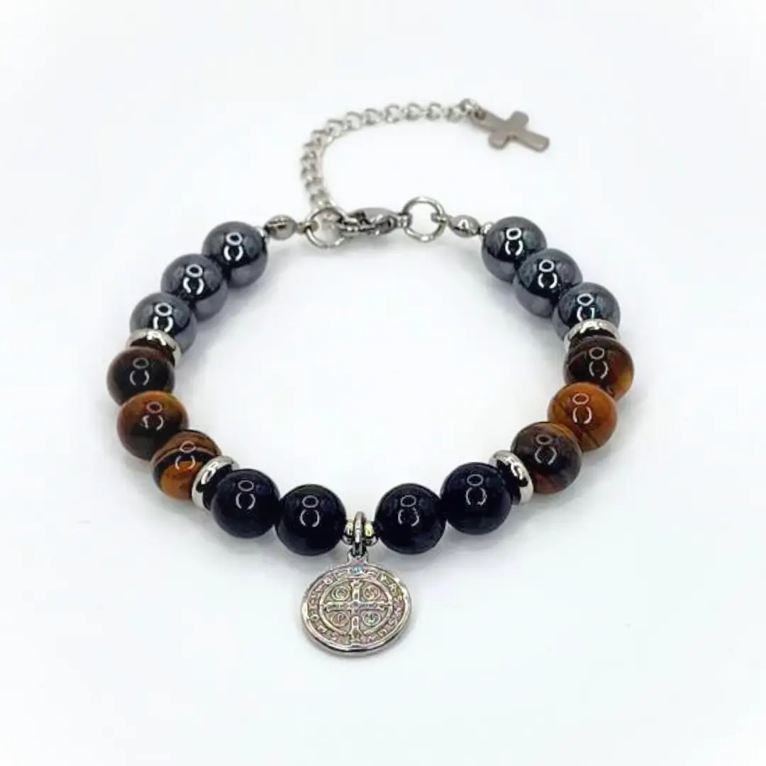 FIMENESS SAN BENITO (ST. BENEDICT) HEMATITE, TIGER EYE, BLACK TOURMALINE HANDMADE BRACELET STAINLESS STEEL