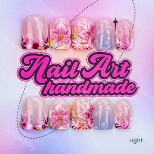 Delicatething Y2K Style Nail Set, Handmade French Tips Nails Design Nail Art DIY Kit with Beads, Jelly Glue, Crystal Stick and File, Perfect Gift for Women