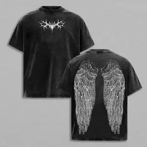 100% Cotton Washed Vintage T-Shirt – Y2K Gothic Wing Graphic Tee, Oversized Grunge Streetwear, Anime-Inspired Dark Aesthetic Top Menswear