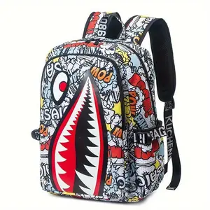 Stylish Shark Backpack for Boys, Girls & Teens - Lightweight High Quality Oxford Daypack with Adjustable Straps, 16 Inch (42cm) Height, 2.64-5.28 Gallon Capacity, Cartoon Print Design for School, Camping & Casual Use, Secure Zippe