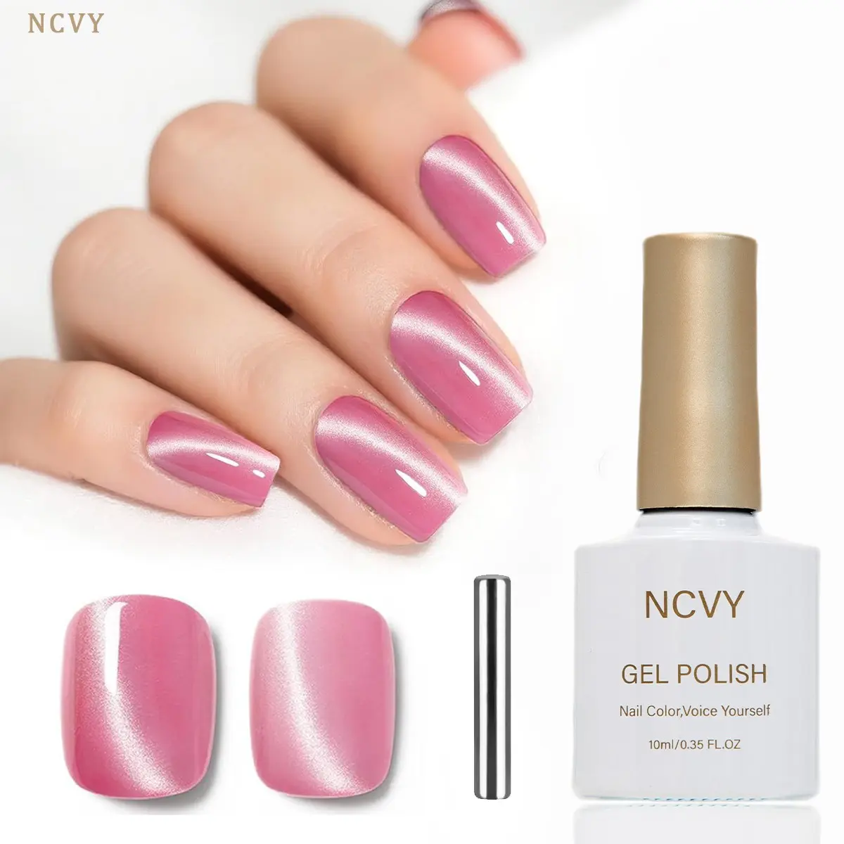 NCVY pink Cat Eye Magnetic Gel Nail Polish, Glossy Fingernail Polish, 10ml bottle with magnetic tool, long-lasting, Durable formula with LED curing, perfect for DIY Nail Art, ideal gift for Valentine's Day and spring/summer, safe formula free of HEMA