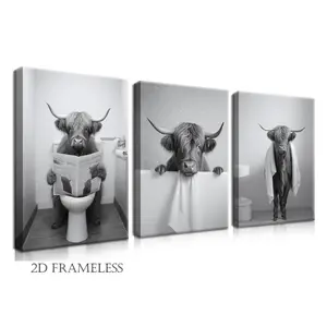 3-Piece Set: Fun Highland Cow Bathroom Wall Art, Cute Black-and-White Cow Animal Canvas Poster Set, Retro Country-Style Farmhouse Home Decor, Bathroom Wall Art, Frameless, Unframed Wall Art