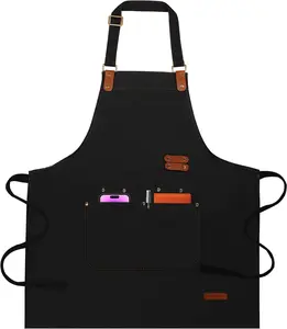 Chef Aprons for Women Men with Pockets(Functional and Large), Oil-Repellent & Water-Resistant Heavy-Duty Black Canvas with Adjustable Straps, Full-Coverage Protection for Cooking, Kitchen