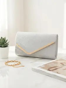 Elegant Silver Color Glitter Envelope Clutch Bag, V-Shaped Trim, Sparkly Evening Handbag for Wedding, Prom & Party