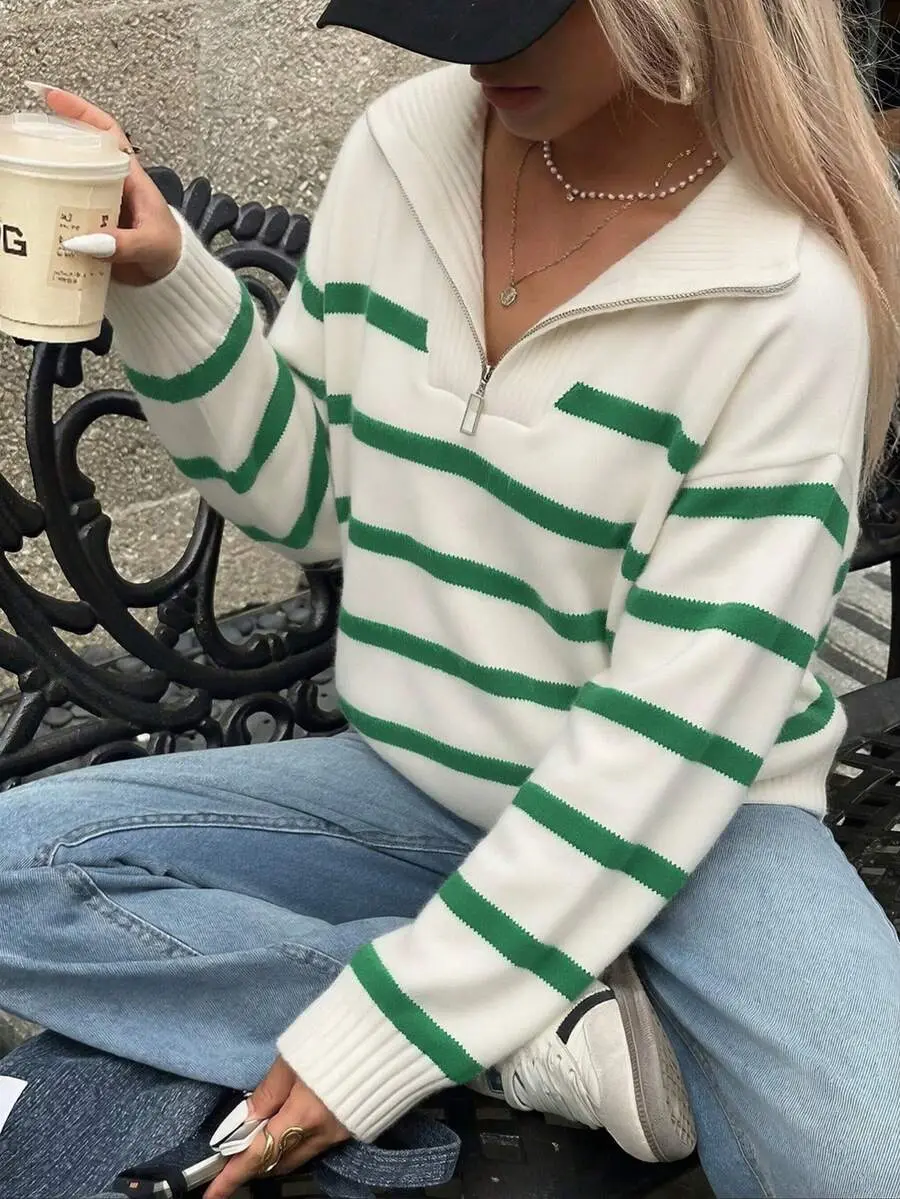 Women's Green Striped Half Zip Knit Sweater Oversized Casual Preppy Streetwear Fall Winter,Christmas,Winter Clothes