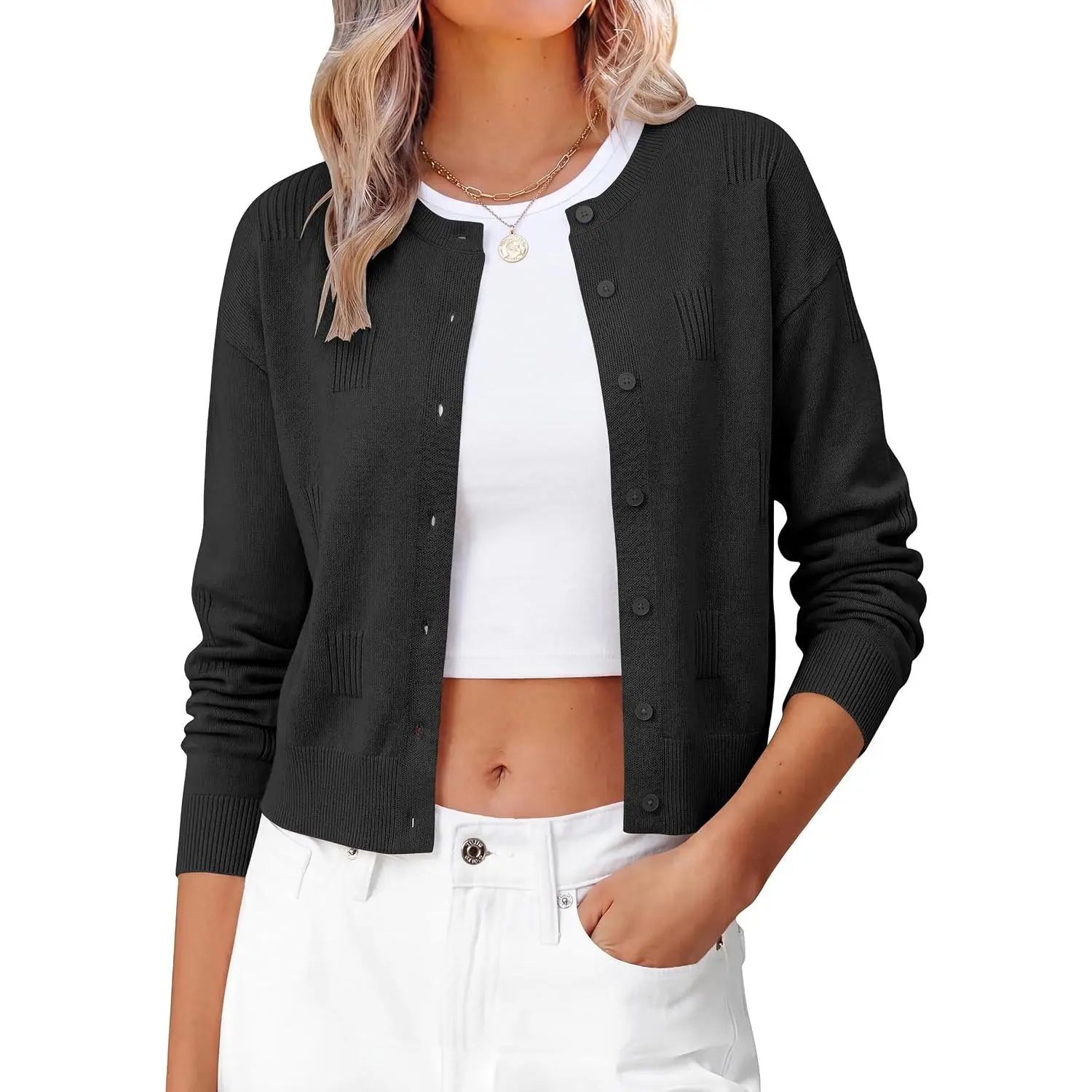 ANRABESS Women's Cropped Cardigan Sweater for Business Casual | 2026 Fall Fashion, Summer Soft Lightweight Knit, Long Sleeve Crew Neck Button Down, Work Office Travel Outfits