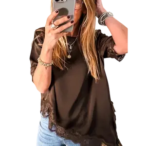 Chvity Women's Fitted Polyester Satin Blouse - Lady's Round Neck Short Sleeve Clothes, Asymmetric Lace Trim, Plain, Perfect for Summer Outfits