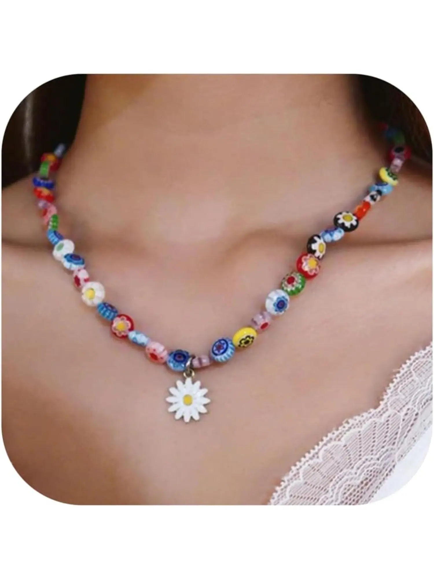 1 Pc Colorful Beaded Boho Style Beaded Trendy Charms Necklace for Women Boho Necklaces Colourful Daisy Necklace for Girls Summer Necklaces