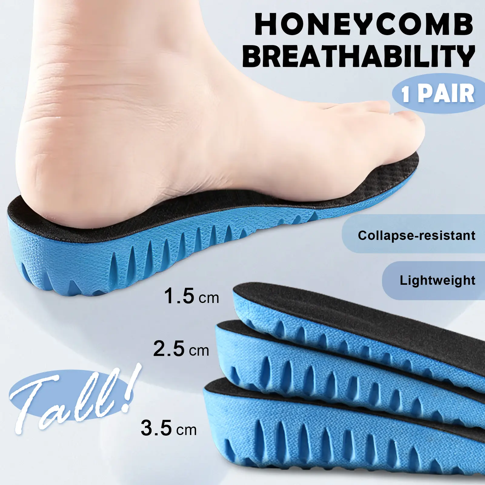 AILAKA Honeycomb Insoles for Men & Women, Full-Length Supportive Soles with Shock-Absorbing Height Maximizer, Invisible 1.5-3.5cm Lift for All Footwear