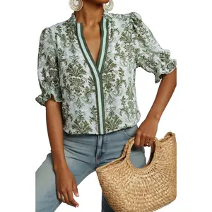 Dokotoo Women's Summer Boho Floral Ruffle Shirt Puff Short Sleeve V Neck Casual Trendy Cute Blouse Tops