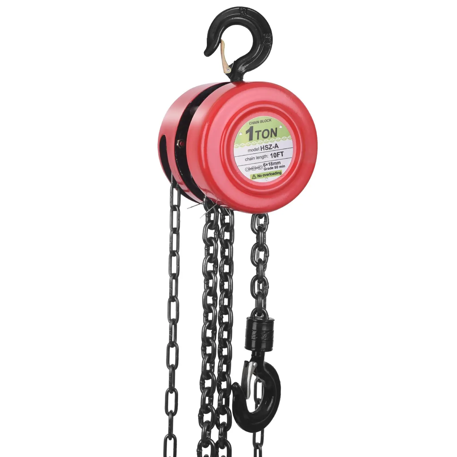 Hand Chain Hoist, 1 Ton/2200 lbs Capacity, Heavy Duty Steel Chain Fall Hoist with 10 Ft Lifting Height, Manual Chain Block Hoist with 2 Chain Hooks for Lifting Good in Transport & Workshop