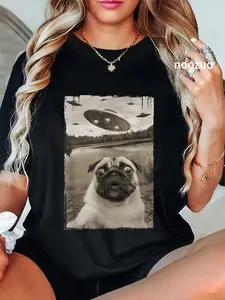 100% Cotton Unisex Vintage Pug UFO Encounters - Funny UFO and Pug Selfie T-Shirt Casual Top