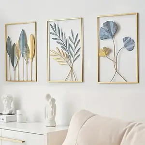 3-piece minimalist metal wall decor, 0.3-inch thick metal leaf wall art decoration, Elegant metal wall art, suitable for living rooms, bedrooms, offices, 17.3*11.8-inch plant, ideal home decoration